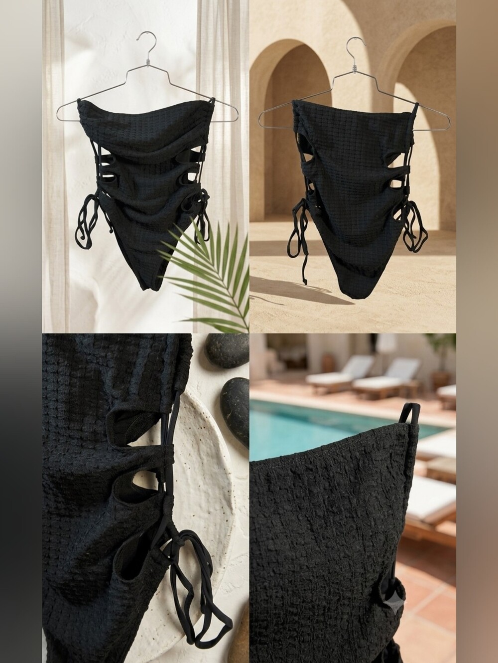 Source Unknown Black Textured One-Piece Swimsuit with Side Cutouts